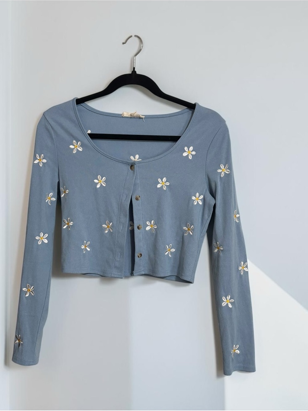 Light Blue Cropped Daisy Button-Front Top